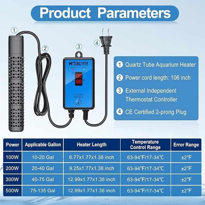 HiTauing Aquarium Heater, Upgraded 200W Fish Tank Heater with Intelligent Leaving Water Automatically Stop Heating and Advanced Temperature Control System, Suitable for Saltwater and Freshwater