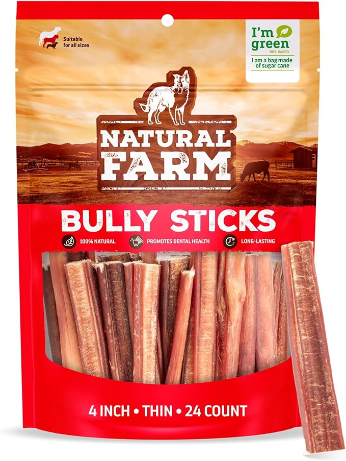 Natural Farm Odor-Free Thin Bully Sticks (4”, 24-Pack) All-Natural Long-Lasting Dog Chews, 100% Beef Pizzle, Grass-Fed, Grain-Free, Protein for Muscle Development & Energy, Perfect for Small Dogs