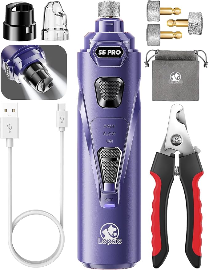 Dog Nail Grinder with 2 LED Lights Powerful 2 Speeds Super Quiet Dog Nail Trimmers with 3 Grinding Wheels Rechargeable Pet Dog Nail Clippers for Large Medium Puppy Dogs Dog Nail File Cat Nail Clipper