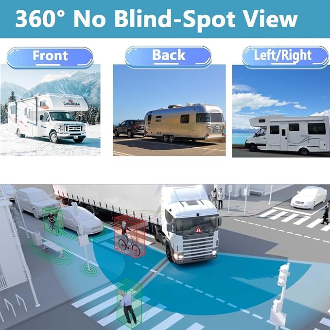 RV Backup Camera 10.1" 1080P Monitor & Built-in DVR for Truck Trailer Rear Side Front Reversing View Wired System FHD Image 4 Split Large Screen 64GB Record IP69 Waterproof Avoid Blind Spot Kit
