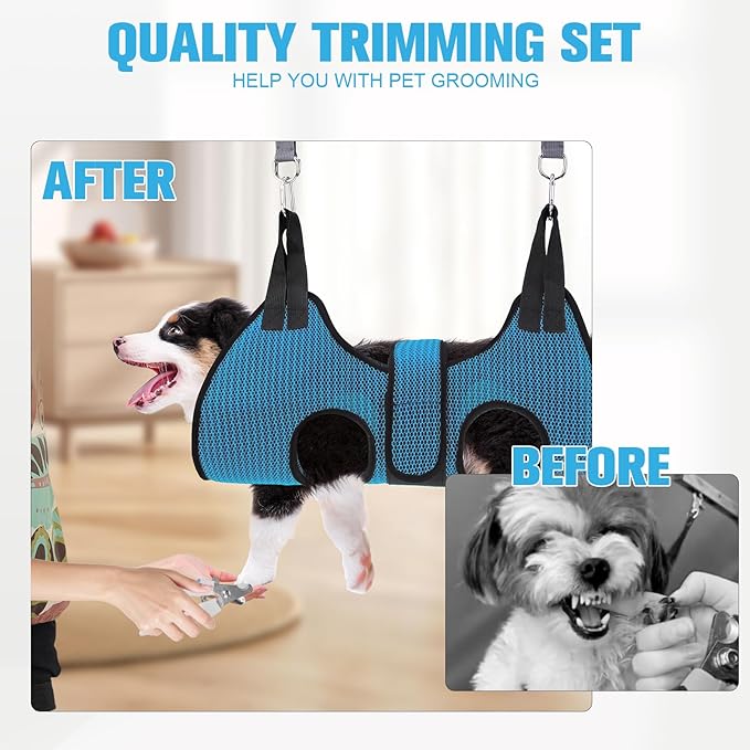 PAWCHIE Dog Grooming Hammock Harness for Dog Cat with Pet Nail Clipper Trimmer-Breathable Cat Hanger Sling for Trimming Clipping Nails-Dog Hammock Restraint Bag for Small Medium Large Dog, Dark Blue S