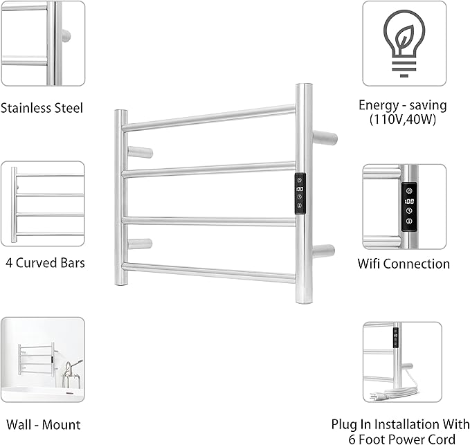 KEG Smart WiFi Towel Warmer Wall Mounted with Built-in Timer and Temperature Adjust Control, 4 Bars Electric Stainless Steel Heated Towel Racks for Bathroom Brushed Nickel