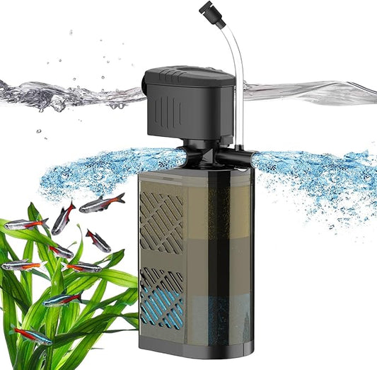 Submersible Aquarium Filter 3-Stage Fish Filter for Fish Tank, Turtle Filter Fish Tank Filter with Aeration & Dual Water Outlet, Turtle Tank Filter Pump for 10-40 GAL Aquariums