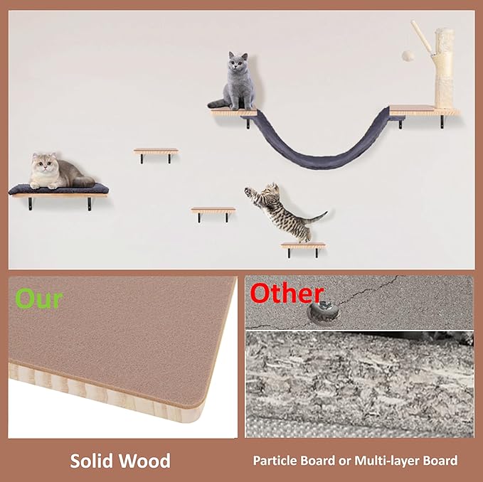 Wall Mounted Cat Climber Set, Cat Wall Shelves,Cat Wall Furniture Set,with Hammock,Jumping Boards,Sofa,Steps,Scratching Post,Hanging Ball and Felt Pads, Suit for Cats Climb, Jump,Scratch-Dark