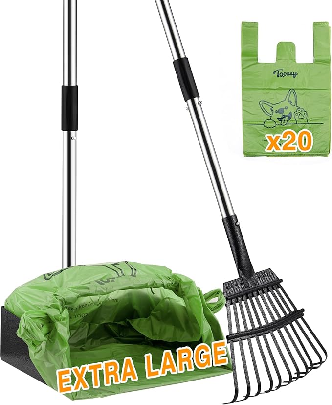 Toozey Unbreakable Dog Pooper Scooper with Extra Large Stainless Metal Poop Tray & 43.31" Long Handle Rake Scoop, Easy Waste Cleanup for Large, Medium, Small Dogs with 20 Bags