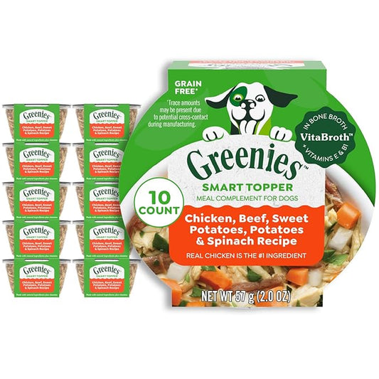 Greenies Smart Topper High Protein Wet Mix-in for Dogs, Chicken, Beef, Sweet Potatoes, Potatoes & Spinach Recipe in Vitabroth Broth- Bone Broth + Vitamins E & B1, 10 Count