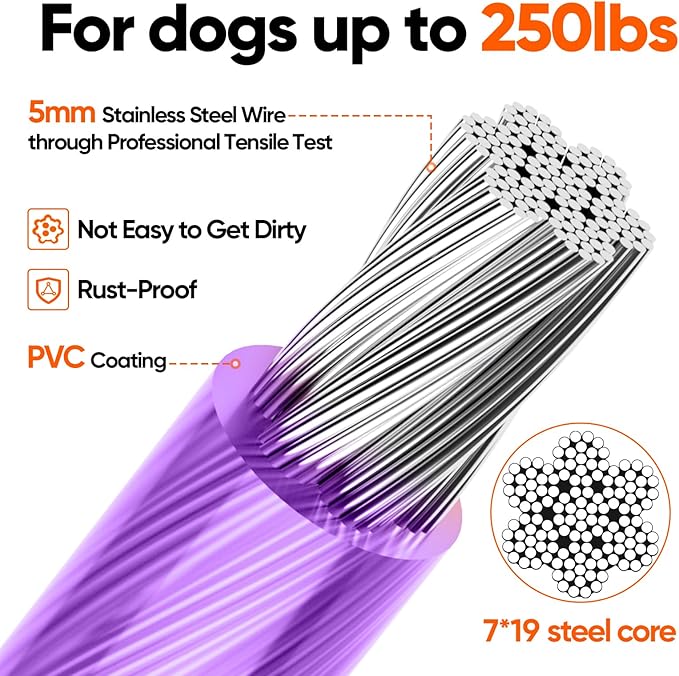 Tresbro 20FT Reflective Tie Out Cable for Dogs Up to 250 Pounds, Steel Wire Lead Leash Cable with Stainless Rotatable Buckle, Lightweight and Enduring, Dog Chains Outside for Outdoor, Yard, Purple
