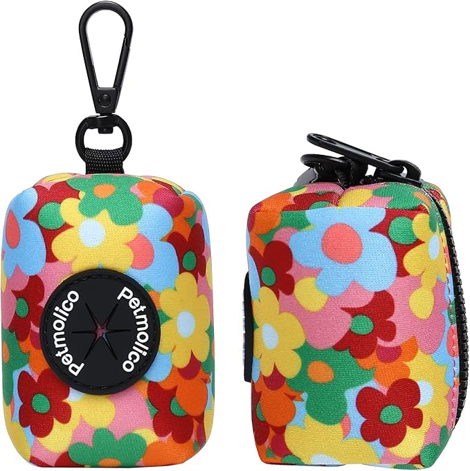 Petmolico Dog Poop Bag Holder Leash Attachment, Pet Waste Bag Dispenser Zippered Pouch, Fits Any Leash, Includes Free Roll of Dog Bags, Poop Bag Dispenser - 2 Pack, Colorful Flowers
