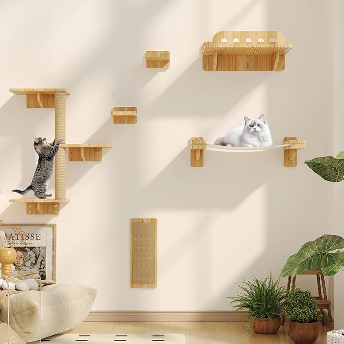 Cat Wall Shelves, Set of 6 Wooden Cat Wall Furniture Includes Scratching Post with 3 Steps, Jumping Platform, Hammock and Scratcher Board for Kittens