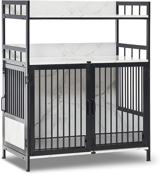 MCombo Furniture Style Dog Crate with Storage Shelves, Heavy Duty Wooden Dog Cage End Table, Triple Doors Pet House Indoor, 1368 (White)