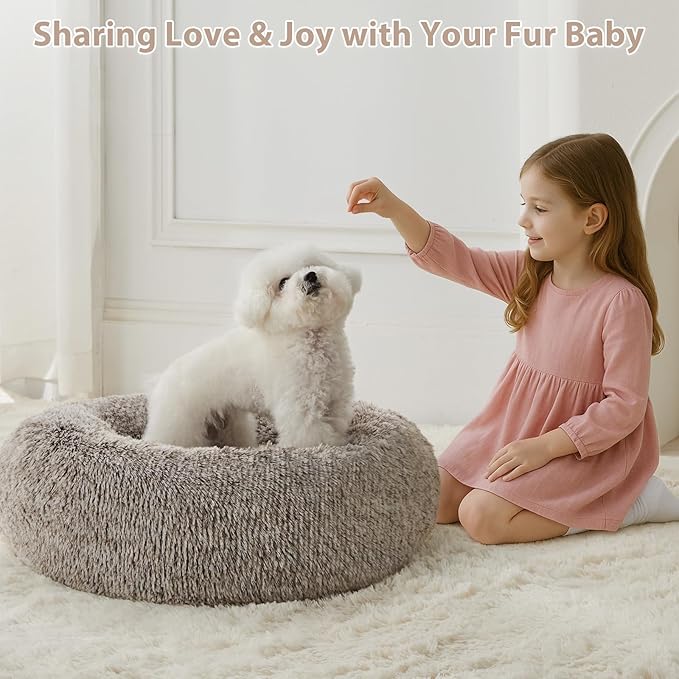 WNPETHOME Calming Dog Bed & Cat Bed, Anti-Anxiety Donut Small Dog Bed, Fluffy Faux Fur Cats Cushion Puppy Bed for Small Pets and Cats (24 x 24 inch, Light Coffee)