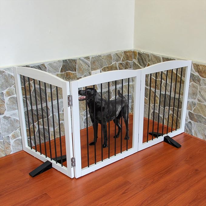 ZJSF Freestanding Panel Dog Gate for Indoor, Doorways,Stairs, or Hallways,Foldable Wooden White Pet Gates for House,Pet Gate for Dogs,Dog Fence, Puppy Gate,Support Feet Included,24 "Height-3 Panels