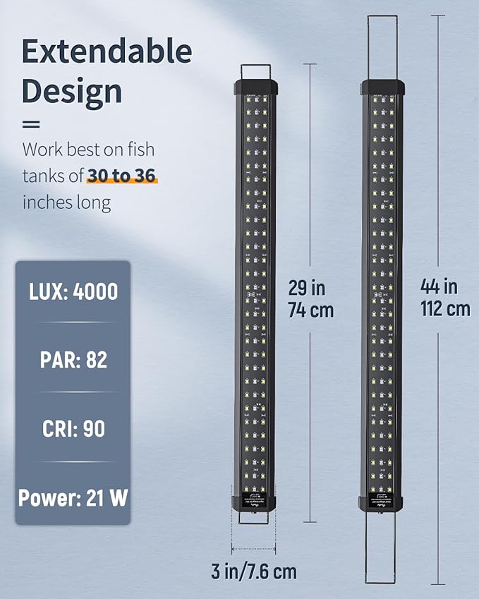 Pawfly 21W Aquarium LED Light for 30 to 36 Inch Extendable Fish Tank Light with Full Spectrum Brilliant White Blue Red Lights with Daytime & Night Modes Timer Auto On/Off Adjustable Brightness