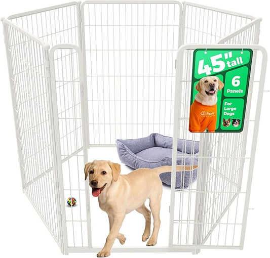 FXW Homeplus Unleashed Indoor Dog Playpen - Stress-Free and Safe Play, Heavy Duty 45 Inch 6 Wire Panels Dog Pen for Large Dogs, White│Patented