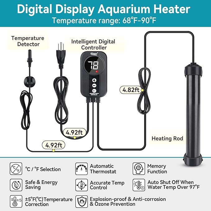 hygger Marine Aquarium Heater 50W 100W 200W 300W 500W,Titanium Heater with Temperature Calibration,Digital LED Controller,Temperature Probe,Submersible Fish Tank Heater for Saltwater Freshwater Tank