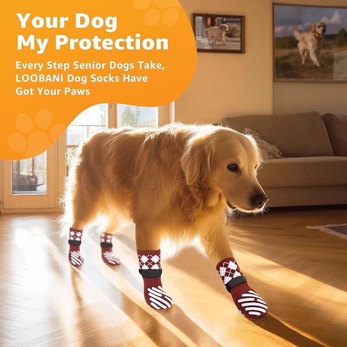 LOOBANI Dog Socks to Prevent Licking Paws - Dog Socks for Hardwood Floors Anti Slip for Traction Control - Dog Grippy Socks for Senior Dog Small Medium Large Dogs on Tile Floors, Red L