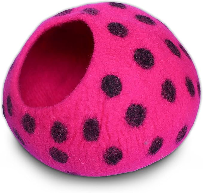 Woolygon Premium Felt Cat Cave Bed - Polka Dot Series - Wool Kitty Beds Handcrafted Kitten Caves Bed for Indoor Cats - Eco-Friendly Merino Wool, Foldable Cat Hideaway Cat Houses (Pink/Black Dots)