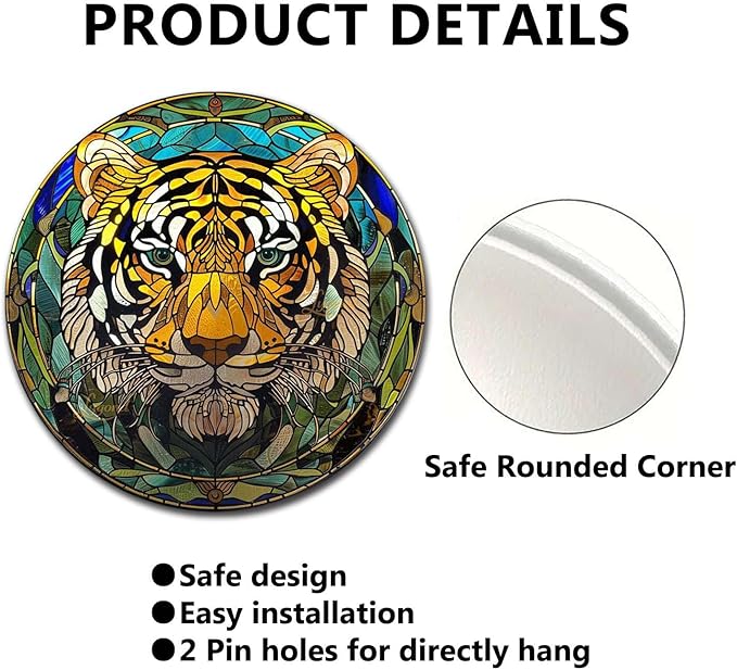 Lygond Metal Sign Tin Sign Circular Stained Glass Tigle Gardening Poster For Garage 12×12 Inches