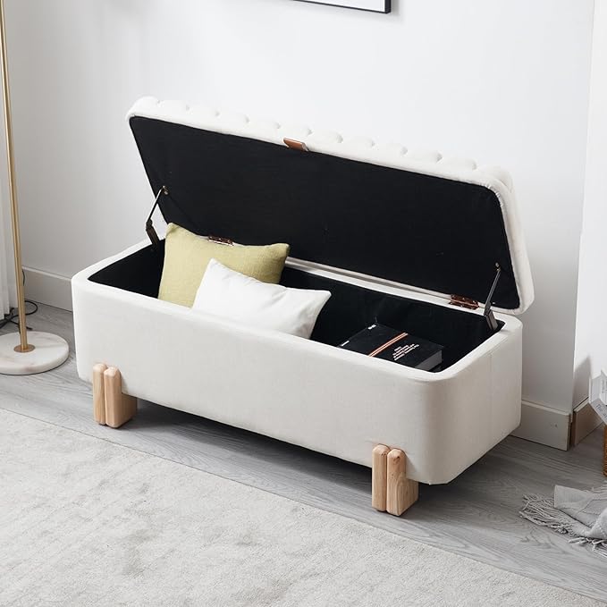 Kmax 45" Storage Bench Linen Entryway Bench Upholstered Ottoman Bench with Wavy Top & Safty Hinge for Bedroom Living Room Hallway, Beige