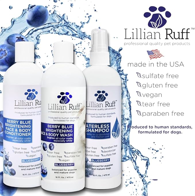 Lillian Ruff PRO Formula Berry Blue Brilliance Bundle - Ultimate Tear Stain & Odor Eliminator Set, Includes Berry Blue Shampoo, Conditioner & Waterless Shampoo, Hydrate, Soften & Detangle, USA Made