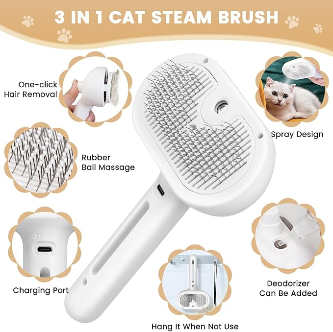 Cat Steam Brush, 3 In 1 Steamy Cat Brush with Release Button and Tank, Anti-Static Pet Spray Hair Removal Comb, Rechargeable Dog Steam Comb for Furry Pet