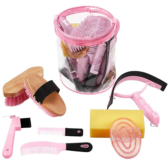 9 Pieces Horse Grooming Kit Tack Room Supplies Set with Organizer Tote Bag, Oval Massage Curry, Hard and Soft Brush, Hoof Pick, Sweat Scraper, Bathing Sponge, Combs for Horse Riders Beginners (Pink)