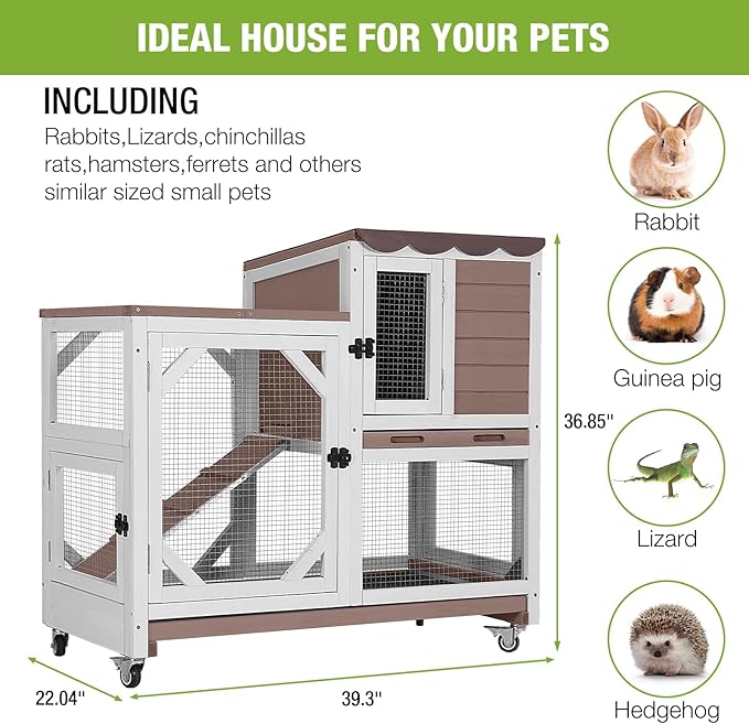 Rabbit Hutch Outdoor Indoor,Two Story Wooden Bunny Cage with Casters,Guinea Pig Cage for Small to Medium Animals with Waterproof Roof and Leakproof Tray