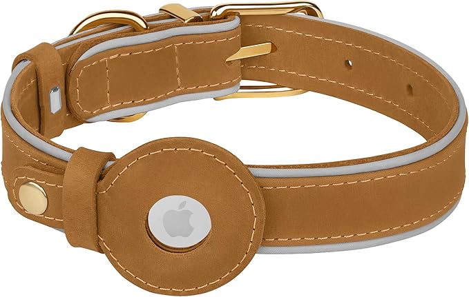 OOPSDOGGY Reflective Geniune Leather Airtag Dog Collar Soft Padded Collars for Small Medium Large Breed Dogs Puppy, 4 Sizes, 7 Colors (Camel, Small, 9"-12")