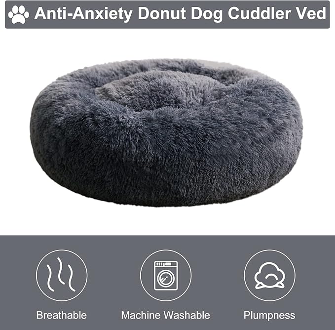 WNPETHOME Calming Dog Bed & Cat Bed, Anti-Anxiety Donut Small Dog Beds, Fluffy Faux Fur Cat Cushion Dogs Beds for Small Dogs and Cats (20 x 20 x 8 Inch, Navy Grey)