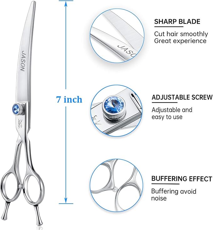 JASON 7" Curved Dog Grooming Scissors, Ergonomic Pets Cats Trimming Shears with Offset Handle and a Jewelled Screw for Right Handed Groomers, Sharp, Comfortable