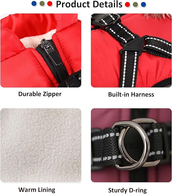 HDKUW Small Dog Jacket, Small Dog Coat Harness Winter Warm Vest Jacket Waterproof Cotton Costume for Puppy Small Dogs (M, Red)