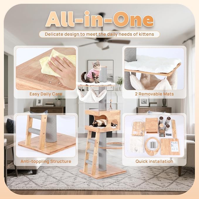 63-inch Modern Cat Tree, Luxury Cat Tower with Scratching Post, Unique Cat Condo with Hammock, Heavy Duty Kitty Climbing Tree for Indoor Cat, Wooden Kitty House for Small Medium Large Cats