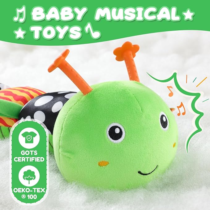 Baby Toys 0-6-12 Months,Musical Caterpillar Stuffed Animals Activity Infant Toys with Crinkle,Rattles,Mirror&Pull String,Muti-Sensory Toys Gifts for Newborn Tummy Time,Kelly Green|Leafy