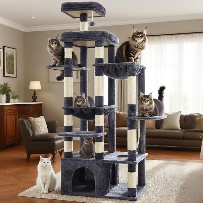 Heybly Heavy Duty Cat Tree, 71-Inch Tall Tower for Large Maine Coon with Extra-Large Baseboard, Cat Condo Furniture with Multi-Level Platforms, 2 Hammocks and 12 Scratching Posts, Smoky Gray HCT037G
