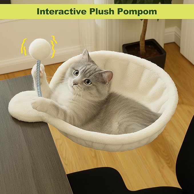 PAWZ Road Cat Bed for Desk with Interactive Plush Ball, 12 Inches in Diameter,Space-Saving Cat Desk Bed, White Cats Hammock for Table Supports Up to 40lbs, Medium