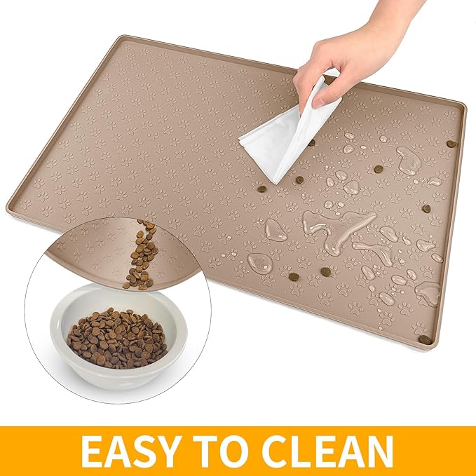 Ptlom Dog Food Mat Anti-Slip Pet Bowl Mats for Food and Water, High-Lips Pet Placemat Prevent Messy Spills to Floor, Waterproof Puppy Feeding Tray for Small, Medium Large Dogs Cats, Silicone