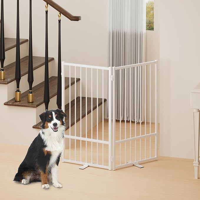 Full Metal Freestanding Dog Gate with Door, 36''Height Foldable Pet Dog Fence for Indoor & Outdoor, 2 Panels Extra Wide Free Standing TallDog Gates for Doorways,House,Stairs,Porch,Deck,Yard