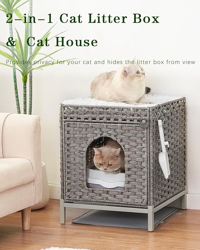Cat Litter Box Enclosure Hidden Litter Box Furniture with Metal Heightened Feet, Rattan Handwoven Cat House with Litter Mat, Hidden Litter Box Furniture for Bedroom Living Room Gray