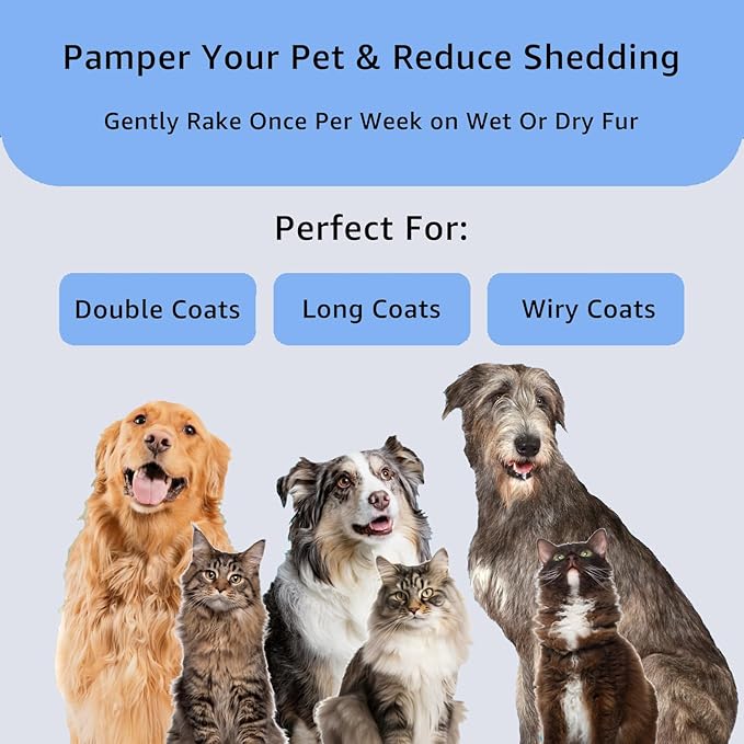 YINGFAN Dog Comb, Stainless Steel Dematting Comb for Dogs and Cats, Non-Slip Handle Dog Combs for Grooming Matting (Blue)