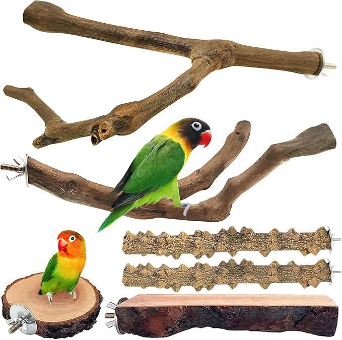 6Pcs Natural Wooden Bird Perch Grape Stick Claw Grinding Fork Bird Perching Branch Claw Grinding Stick Parrot Standing Platform Parrot Cage Chewing Accessories for Parrots Lovebirds Parakeets