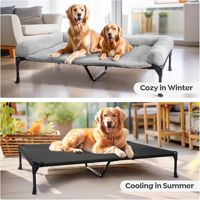 Veehoo Cooling Elevated Dog Bed with Fluffy Plush Bolster Cushion, Indoor Raised Dog Beds for Large Dogs, Soft Pet Sofa Cot with Removable Washable Mat, No-Slip Feet, 49 x 33 inches, Grey