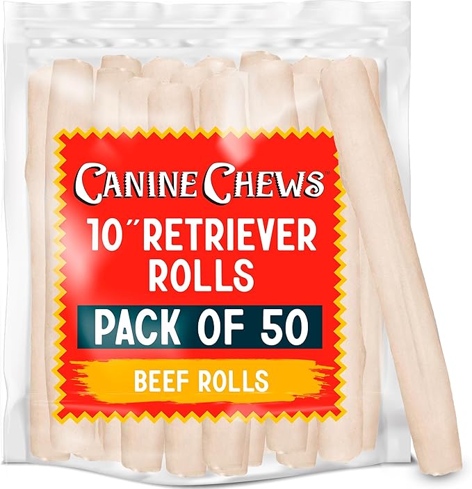 Canine Chews 10" Dog Rawhide Retriever Rolls - Rawhide Bones for Large Dogs (50 pk) - Natural Beef Dog Rawhide Chews - Single Ingredient Dog Rawhide Bones - Large Rawhide Bones for Dogs Dental Chew
