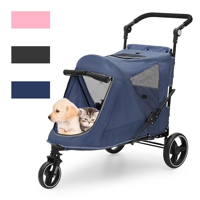 Magshion Pet Stroller for Medium Dogs w/Adjustable Handle, 3-Wheel Dog Cat Wagon w/Dual Entry, Rear Storage, Breathable Mesh, One-Foot Brake, Ideal for Large Pets up to 55 lbs, Navy Blue