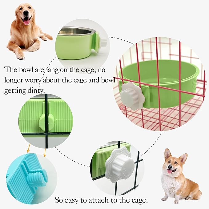 kathson Crate Dog Bowl 2pcs, Removable Stainless Steel Hanging Pet Kennel Cage Bowl Food & Water Feeder Coop Cup for Puppy, Cat, Rabbit,Guinea Pigs Large (Blue,Green)