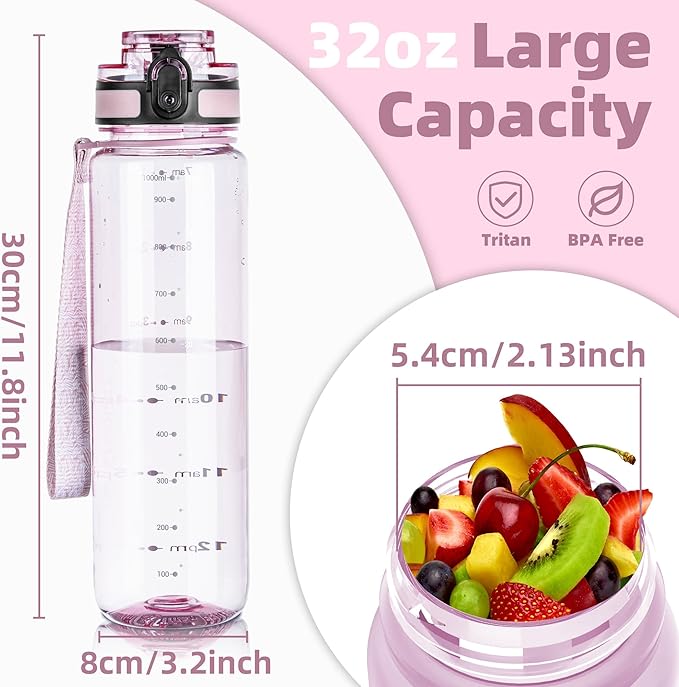 OLDLEY 32 oz Water Bottle, Motivational Water Bottle with Time Marker, Sports Water Bottle With Strap, Leakproof & BPA Free Large Water Bottles for School, Gym, Travel, Tritan, Transparent Pink