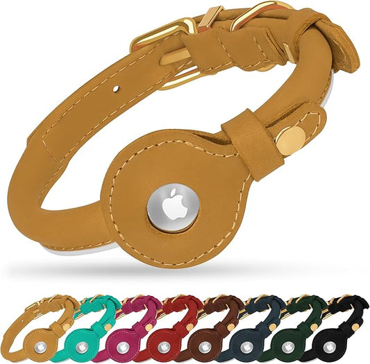 OOPSDOGGY Rolled Leather Dog Collar with Airtag Holder - Reflective Round Airtag Dog Collar - Soft Tracking Pet Collar for Small Dogs Puppy Cats Kitten (Camel, XXS, 7"-9")