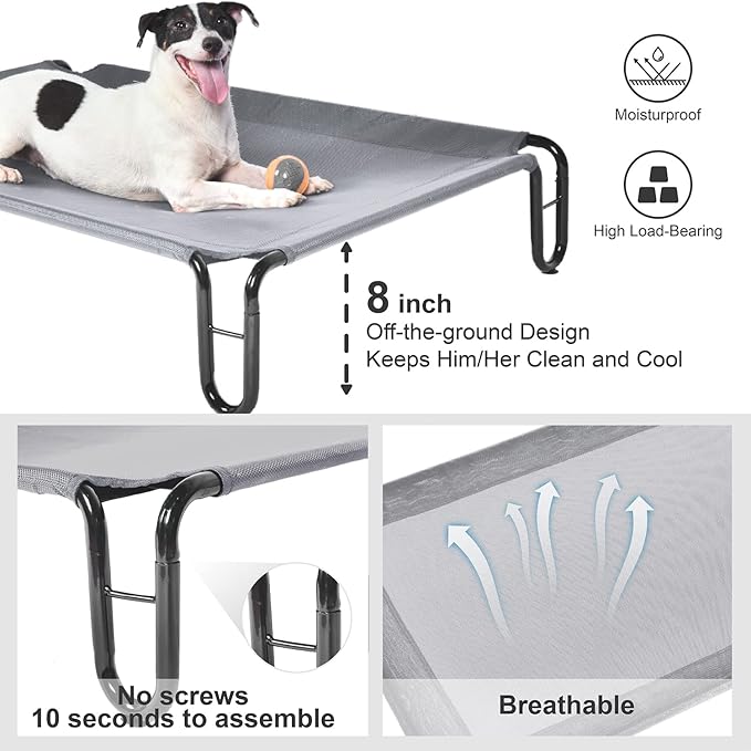 pettycare Elevated Outdoor Dog Bed - Raised Dog Bed for Large Dogs, Waterproof Dog Cot Bed Easy to Assemble, Cooling Elevated Dog Bed with Breathable Teslin Mesh, Durable, Non Slip, Up to 65 lbs,Grey