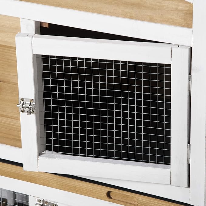PawHut 90.5" Wooden Rabbit Hutch Bunny Cage Pet Playpen House Enclosure with Double Side Run Boxes, No Leak Tray, Ramp, for Rabbits, Chickens, Ducks, Guinea Pig and Small Animals, White