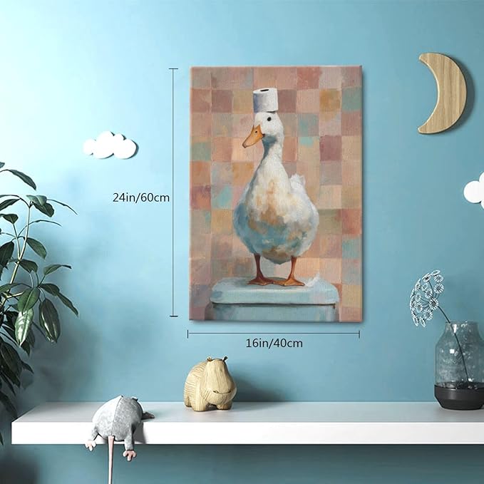 Funny Duck Bathroom Wall Art Cute Duck on Toilet Canvas Wall Decor Funny Quirky Farm Animal Pictures Painting Print Framed Artwork Decorations Gifts for Bathroom 16"x24"