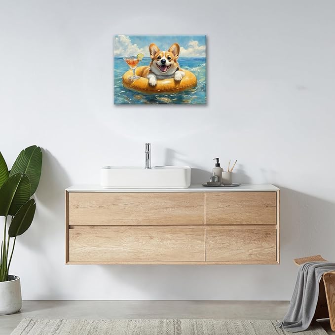 Ocean Funny Corgi Dog Pictures Wall Art, Bathroom Cute Dog Wall Decor Sea Coastal Framed Painting Beach Canvas Artwork for Bathroom Bedroom Living Room Decorations 20"L x 16"W